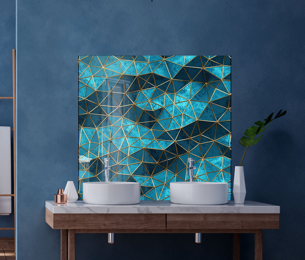Geometric Blue & Gold - Glass Kitchen Backsplash-BacksplashArtworks