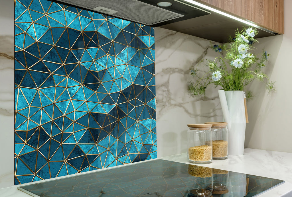 Geometric Blue & Gold - Glass Kitchen Backsplash-BacksplashArtworks
