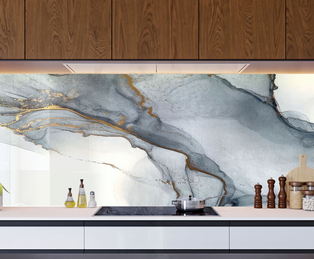 Gray & Gold Marble Mist - Glass Kitchen Backsplash-BacksplashArtworks