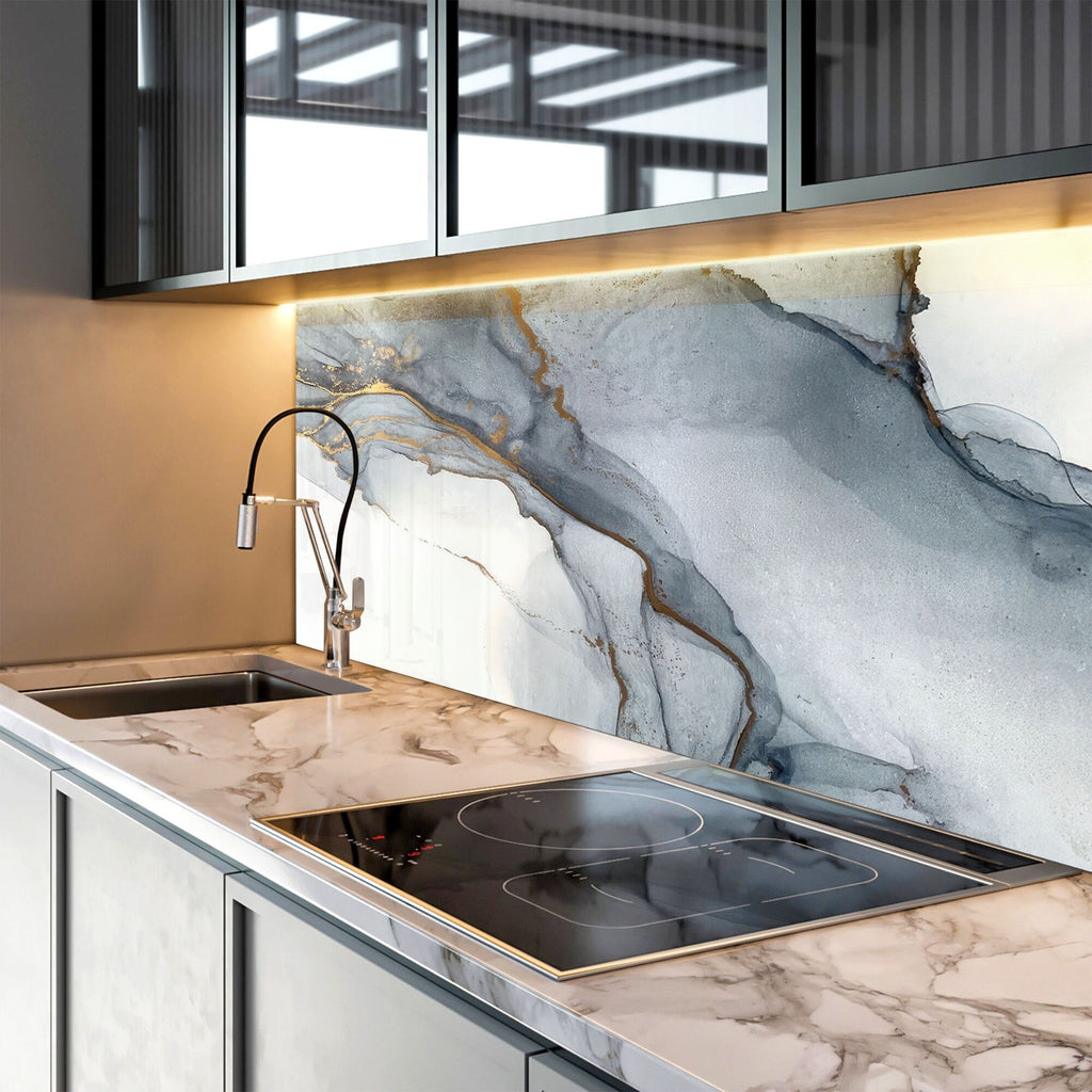 Gray & Gold Marble Mist - Glass Kitchen Backsplash-BacksplashArtworks