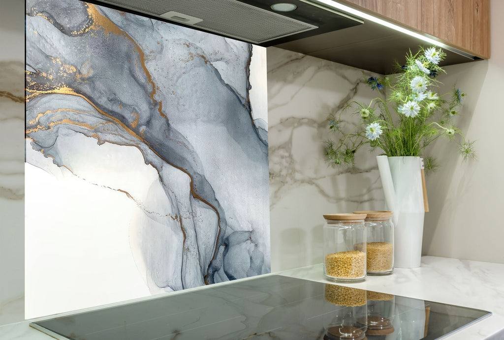 Gray & Gold Marble Mist - Glass Kitchen Backsplash-BacksplashArtworks