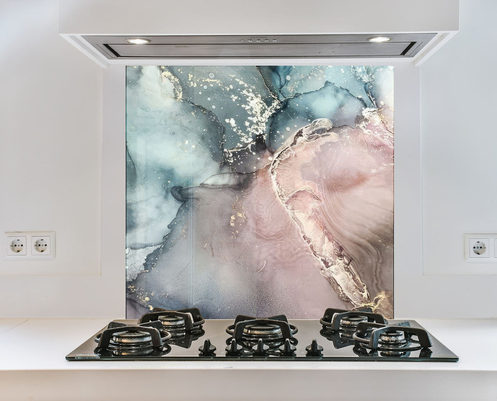 Rose Quartz & Teal Marble - Glass Kitchen Backsplash-BacksplashArtworks