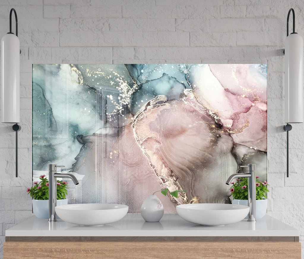 Rose Quartz & Teal Marble - Glass Kitchen Backsplash-BacksplashArtworks