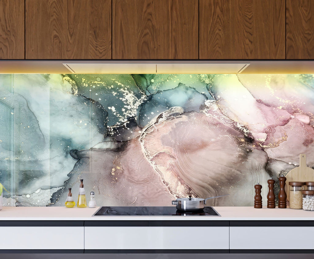 Rose Quartz & Teal Marble - Glass Kitchen Backsplash-BacksplashArtworks