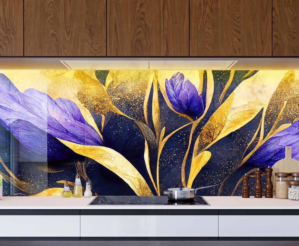 Purple Flower Tempered Glass Backsplash-BacksplashArtworks