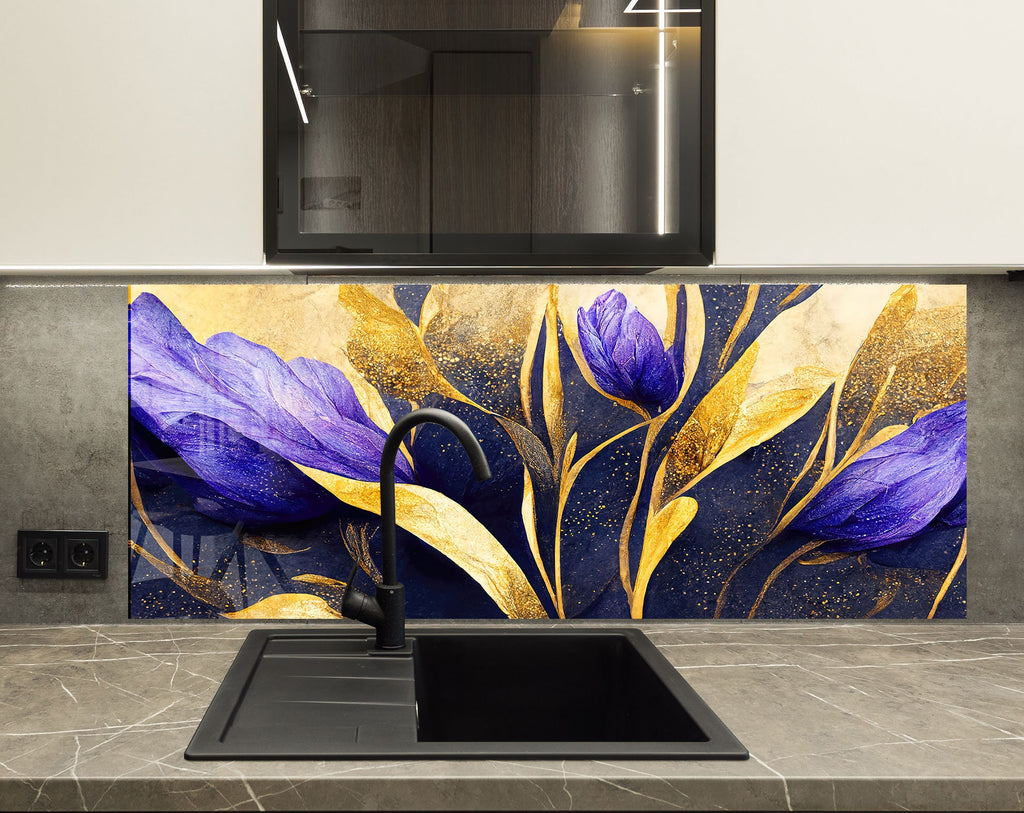 Purple Flower Tempered Glass Backsplash-BacksplashArtworks