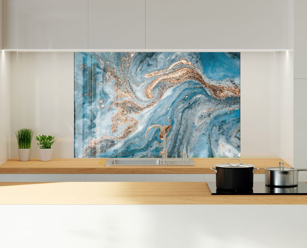 Turquoise & Gold Swirls - Glass Kitchen Backsplash-BacksplashArtworks