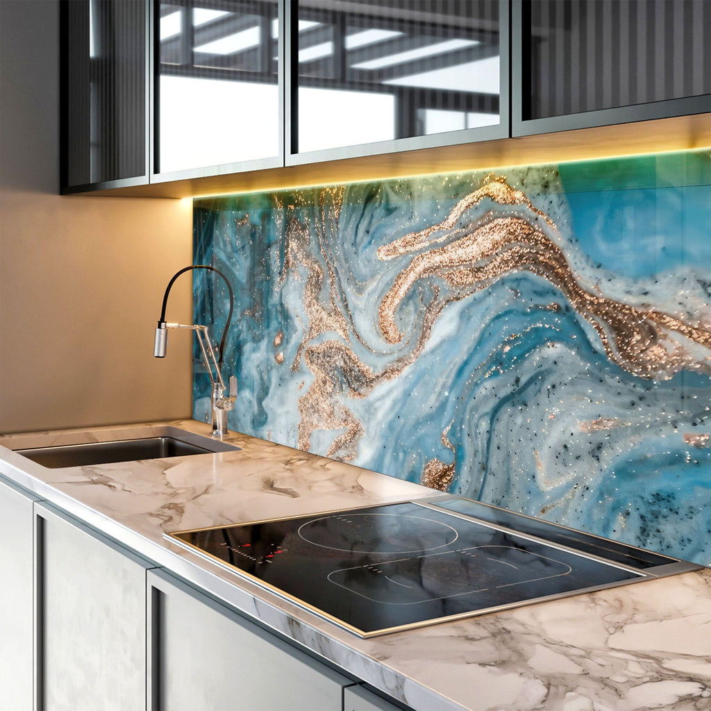Turquoise & Gold Swirls - Glass Kitchen Backsplash-BacksplashArtworks