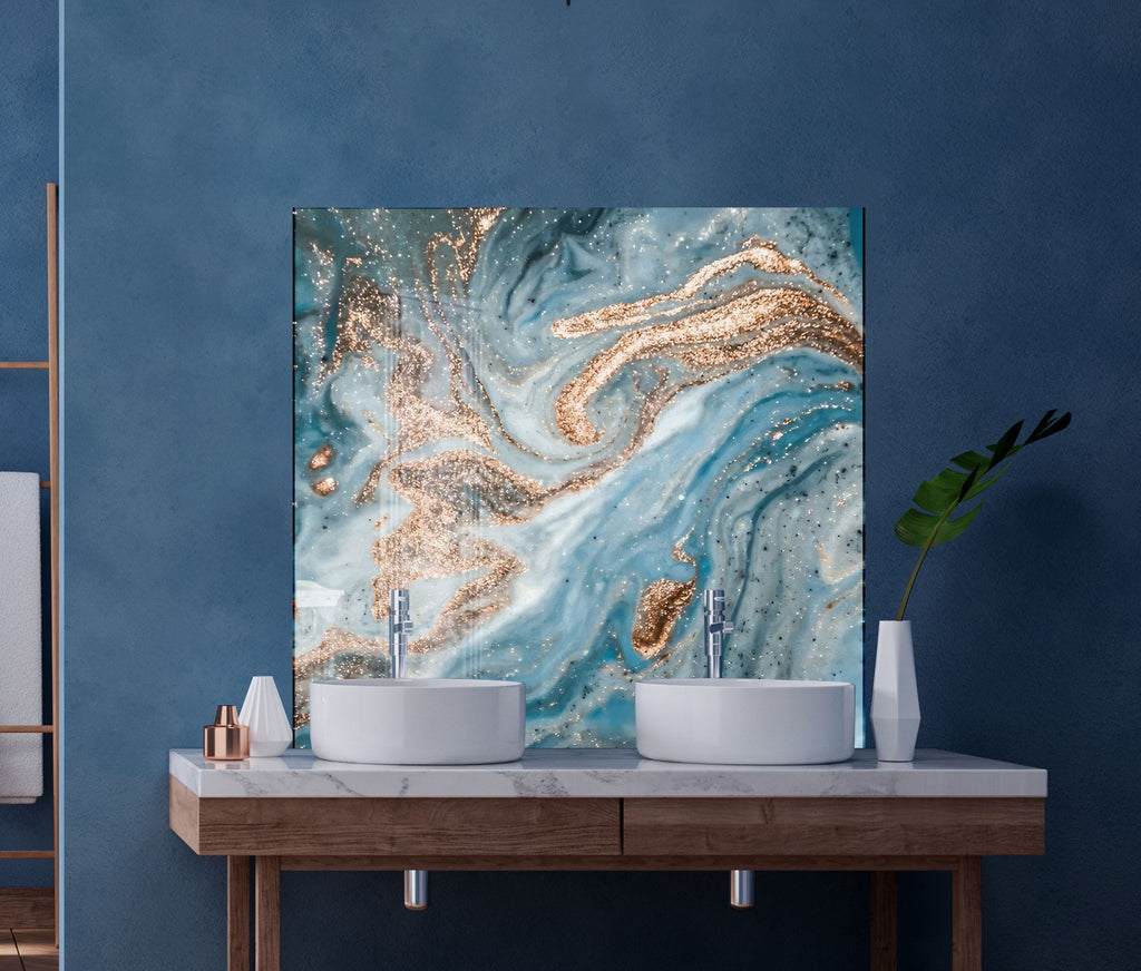 Turquoise & Gold Swirls - Glass Kitchen Backsplash-BacksplashArtworks