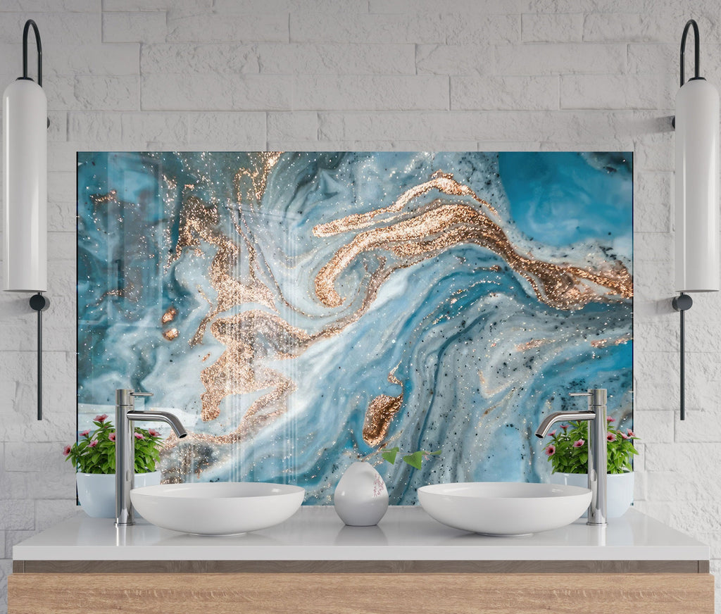 Turquoise & Gold Swirls - Glass Kitchen Backsplash-BacksplashArtworks