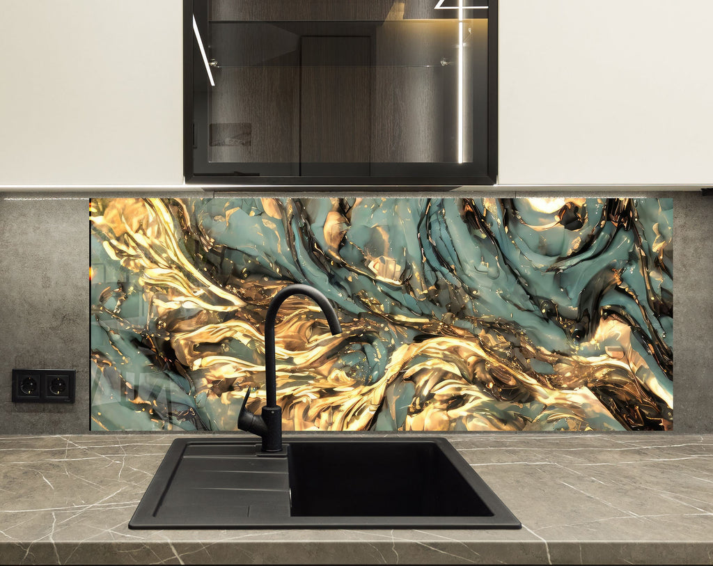 Teal & Gold Marble Swirls - Glass Kitchen Backsplash-BacksplashArtworks