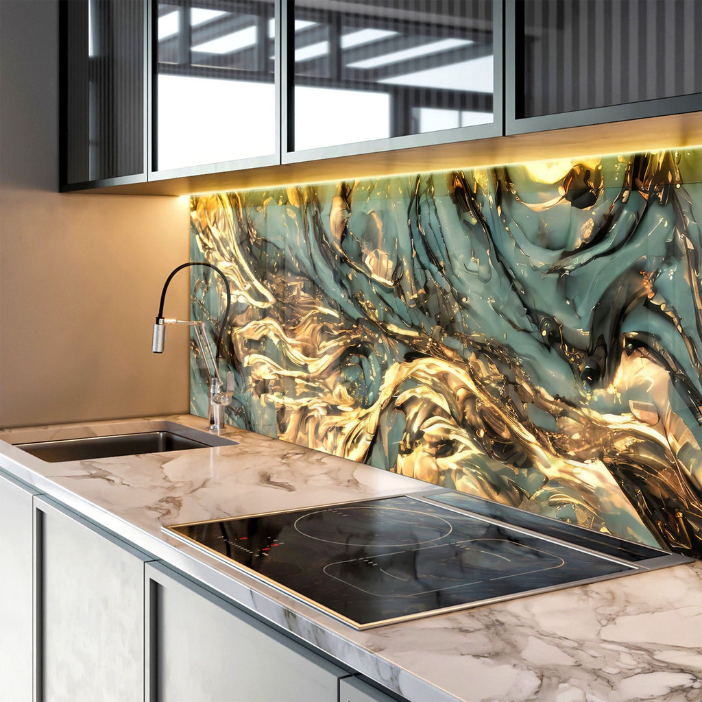 Teal & Gold Marble Swirls - Glass Kitchen Backsplash-BacksplashArtworks