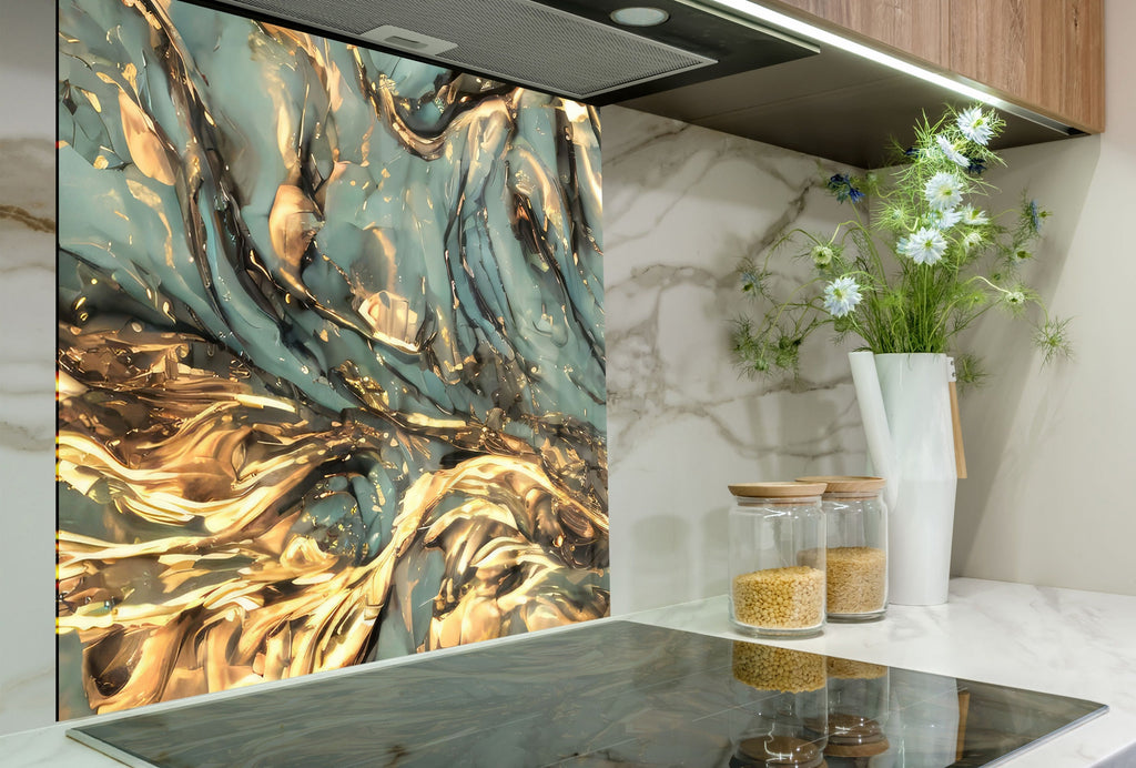 Teal & Gold Marble Swirls - Glass Kitchen Backsplash-BacksplashArtworks