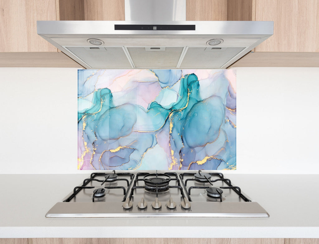Soft Blue & Pink Marble - Glass Bathroom Backsplash-BacksplashArtworks