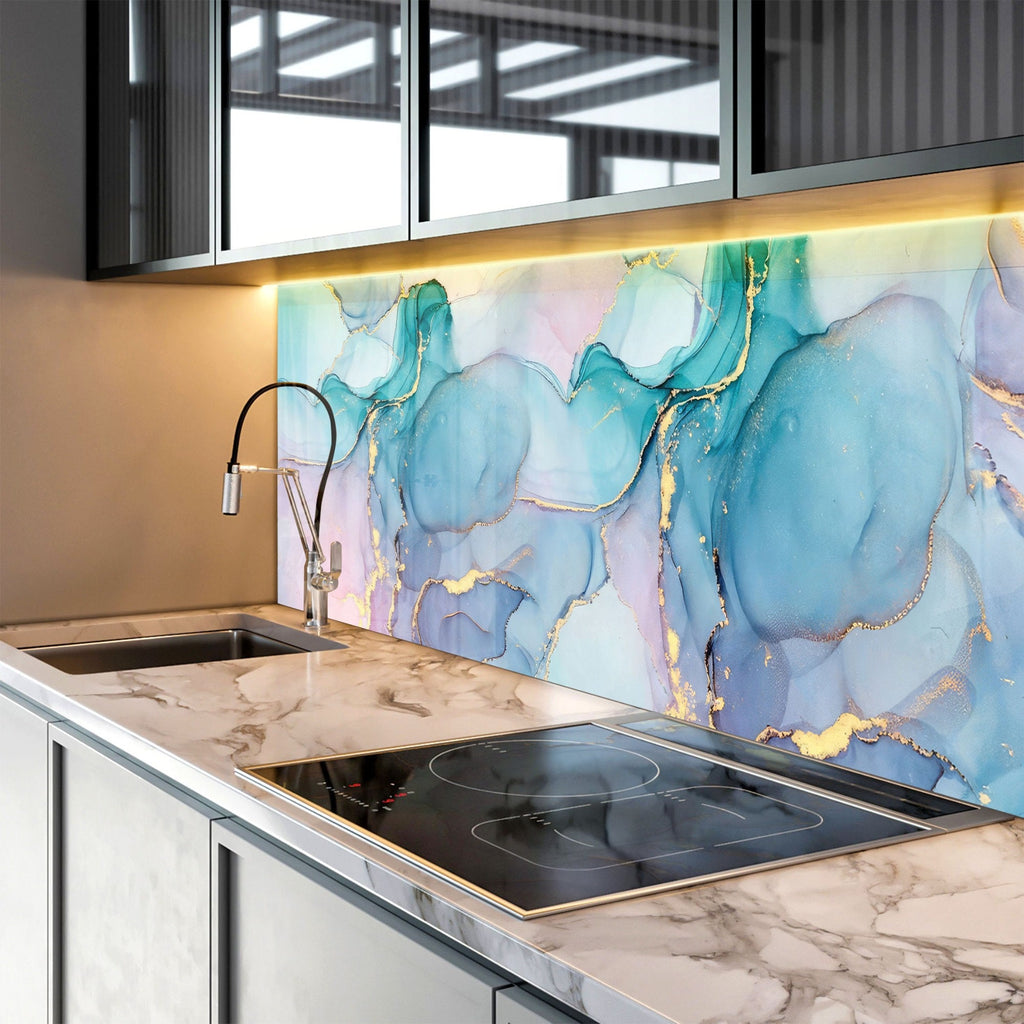 Soft Blue & Pink Marble - Glass Bathroom Backsplash-BacksplashArtworks