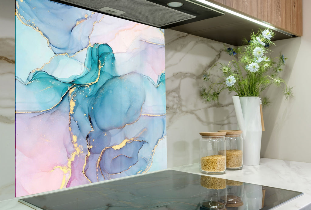 Soft Blue & Pink Marble - Glass Bathroom Backsplash-BacksplashArtworks
