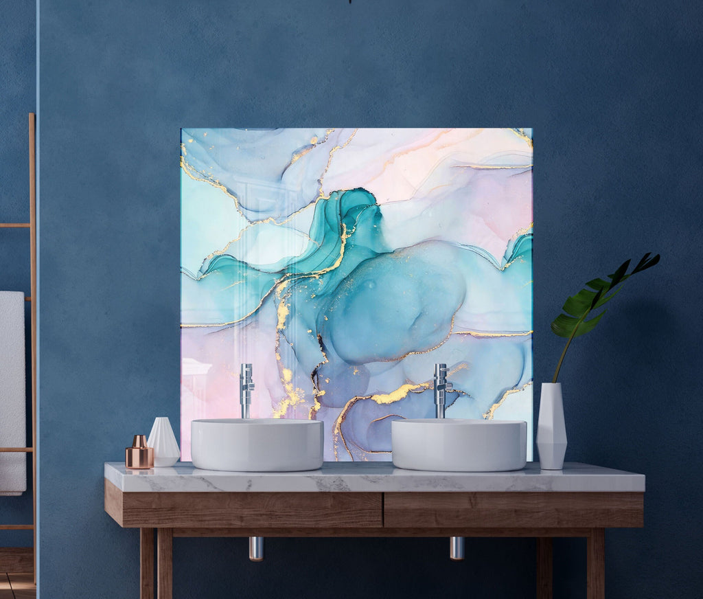 Soft Blue & Pink Marble - Glass Bathroom Backsplash-BacksplashArtworks