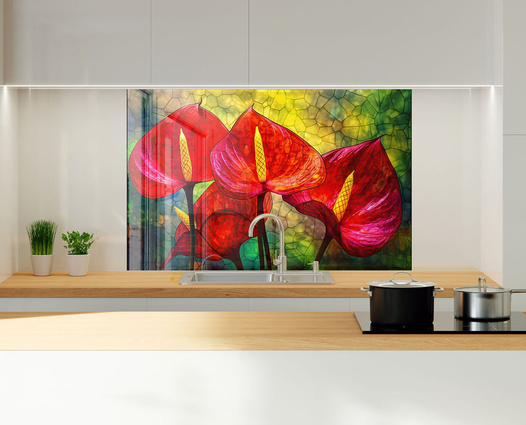 Red Anthurium Stained - Glass Kitchen Backsplash-BacksplashArtworks