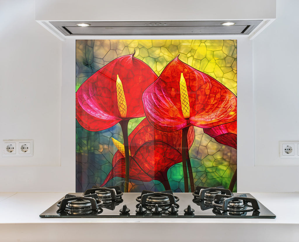 Red Anthurium Stained - Glass Kitchen Backsplash-BacksplashArtworks