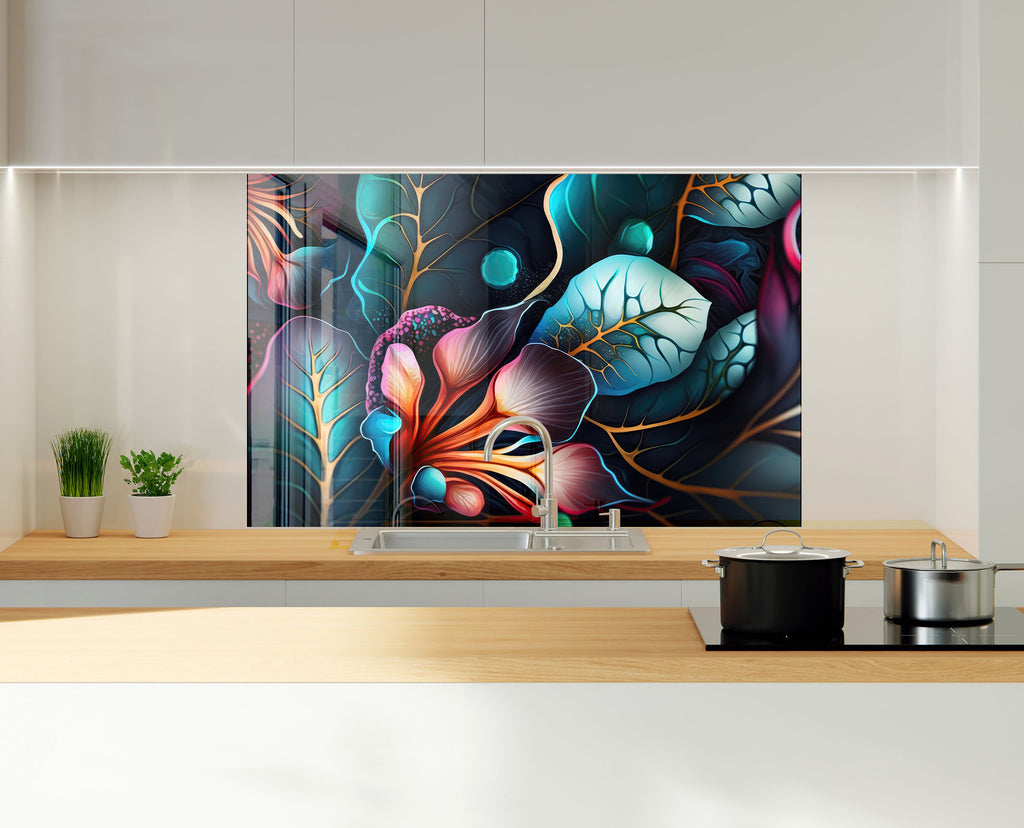 Midnight Jungle Glow - Glass Kitchen Backsplash-BacksplashArtworks
