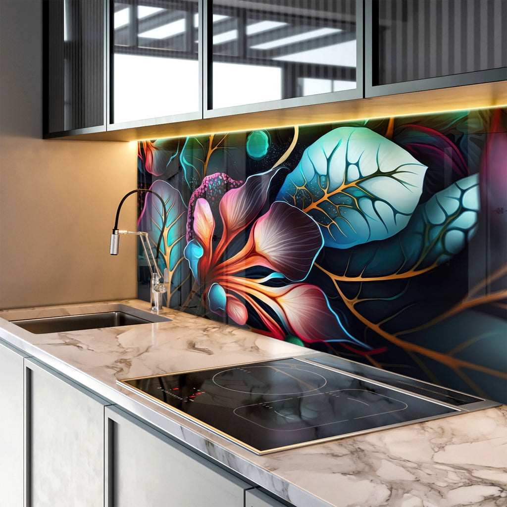 Midnight Jungle Glow - Glass Kitchen Backsplash-BacksplashArtworks