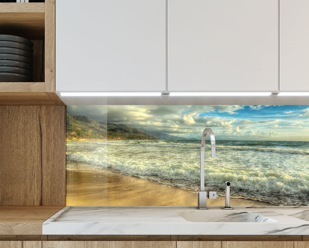 Golden Beach Waves - Tempered Glass Kitchen Backsplash-BacksplashArtworks