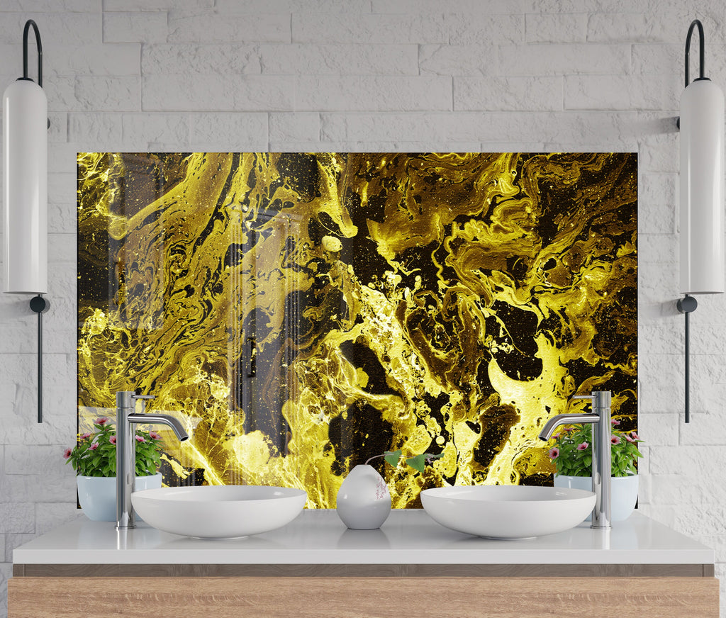 Gold & Black Marble Waves - Glass Kitchen Backsplash-BacksplashArtworks