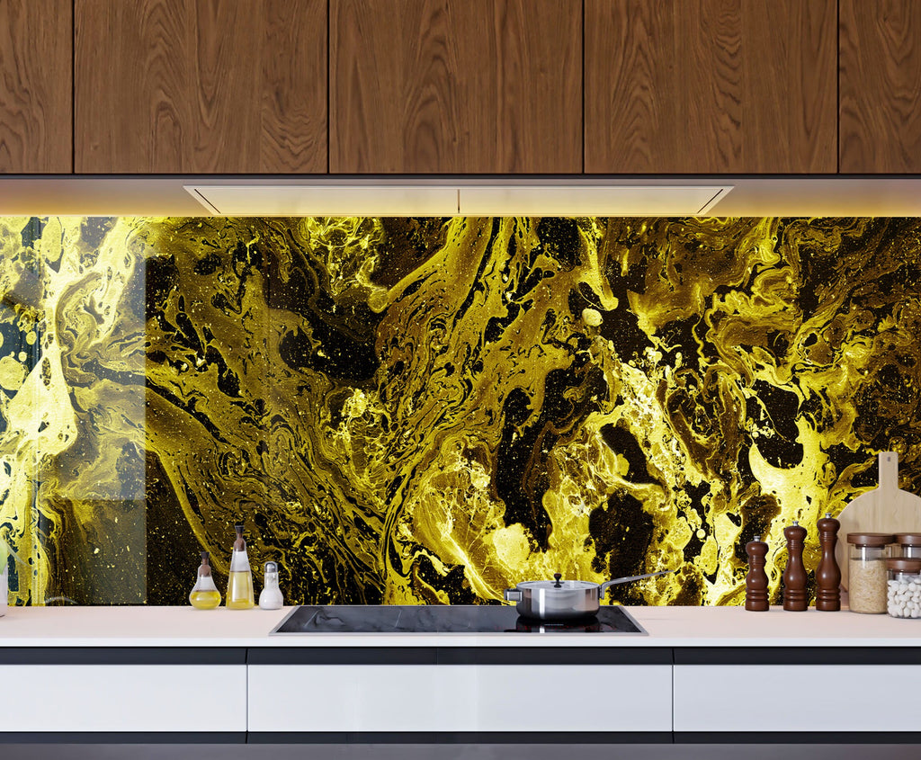 Gold & Black Marble Waves - Glass Kitchen Backsplash-BacksplashArtworks