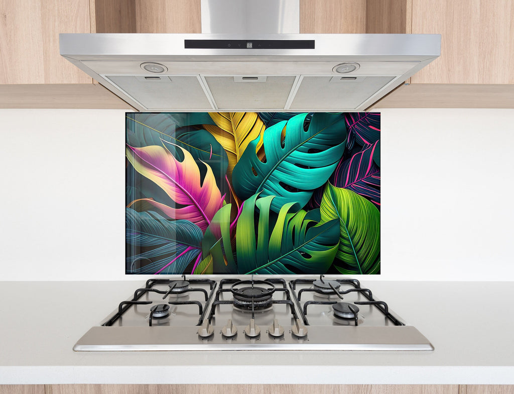 Neon Tropical Leaves - Glass Kitchen Backsplash-BacksplashArtworks