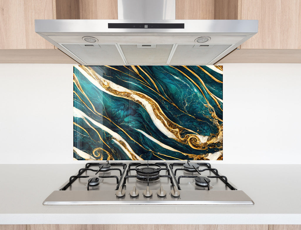 Teal & Gold Marble Waves - Glass Kitchen Backsplash-BacksplashArtworks