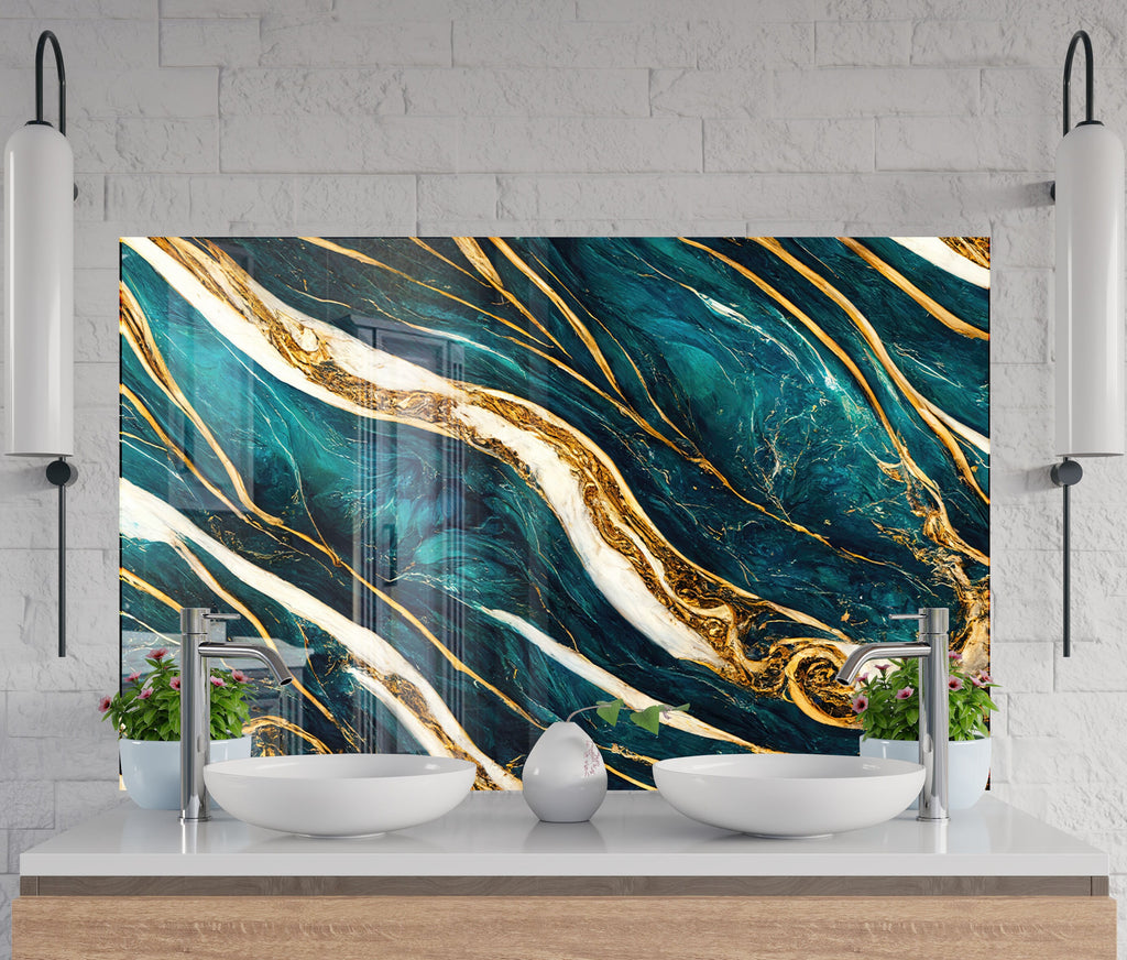 Teal & Gold Marble Waves - Glass Kitchen Backsplash-BacksplashArtworks