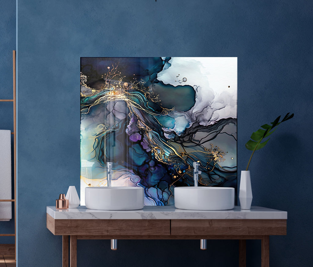 Midnight Blue & Gold Swirl - Glass Kitchen Backsplash-BacksplashArtworks
