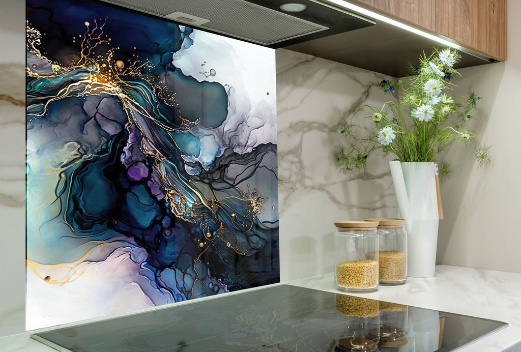 Midnight Blue & Gold Swirl - Glass Kitchen Backsplash-BacksplashArtworks
