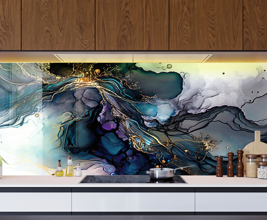 Midnight Blue & Gold Swirl - Glass Kitchen Backsplash-BacksplashArtworks