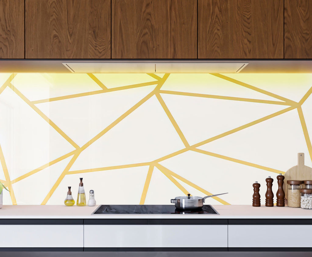 Gold Geometric Lines - Glass Kitchen Backsplash-BacksplashArtworks
