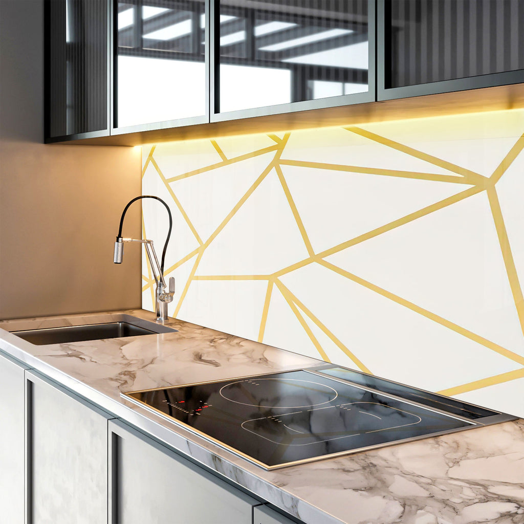 Gold Geometric Lines - Glass Kitchen Backsplash-BacksplashArtworks