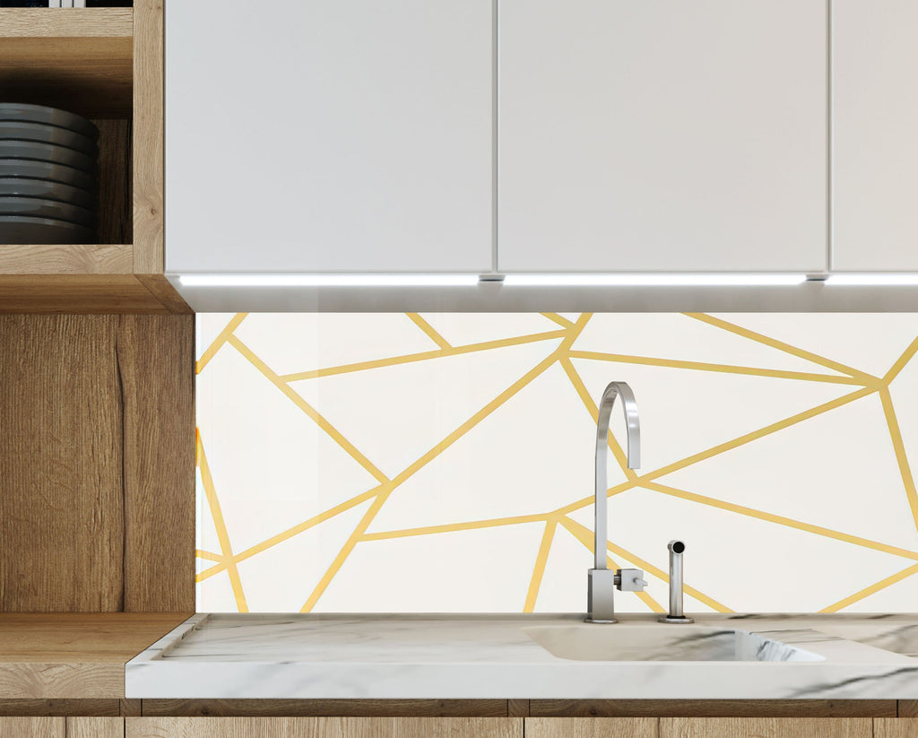 Gold Geometric Lines - Glass Kitchen Backsplash-BacksplashArtworks
