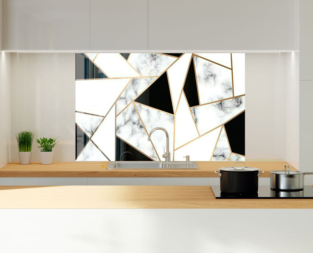 Geometric Marble & Gold - Glass Kitchen Backsplash-BacksplashArtworks