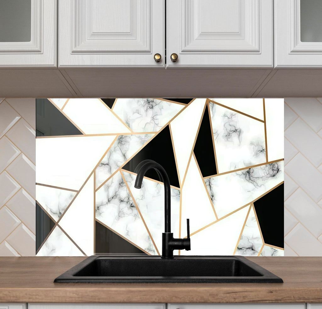 Geometric Marble & Gold - Glass Kitchen Backsplash-BacksplashArtworks