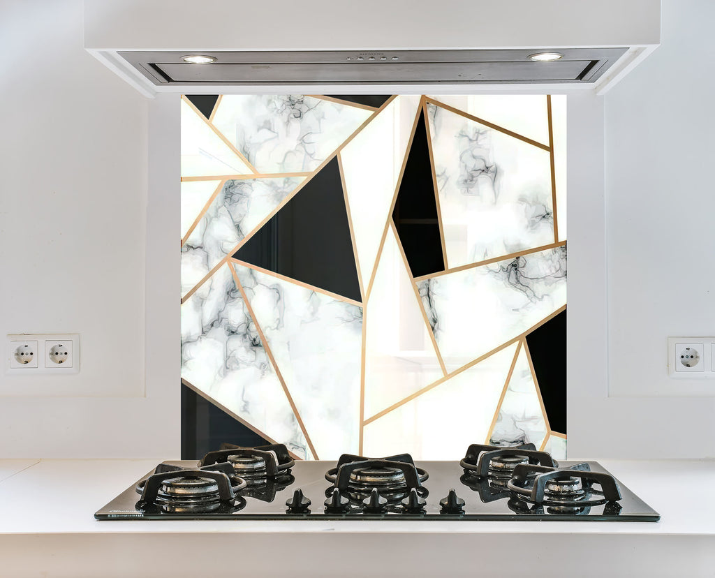 Geometric Marble & Gold - Glass Kitchen Backsplash-BacksplashArtworks