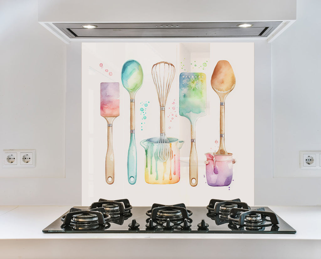 Watercolor Kitchen Utensils – Glass Kitchen Backsplash-BacksplashArtworks