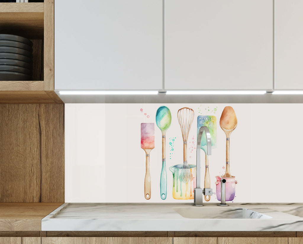 Watercolor Kitchen Utensils – Glass Kitchen Backsplash-BacksplashArtworks