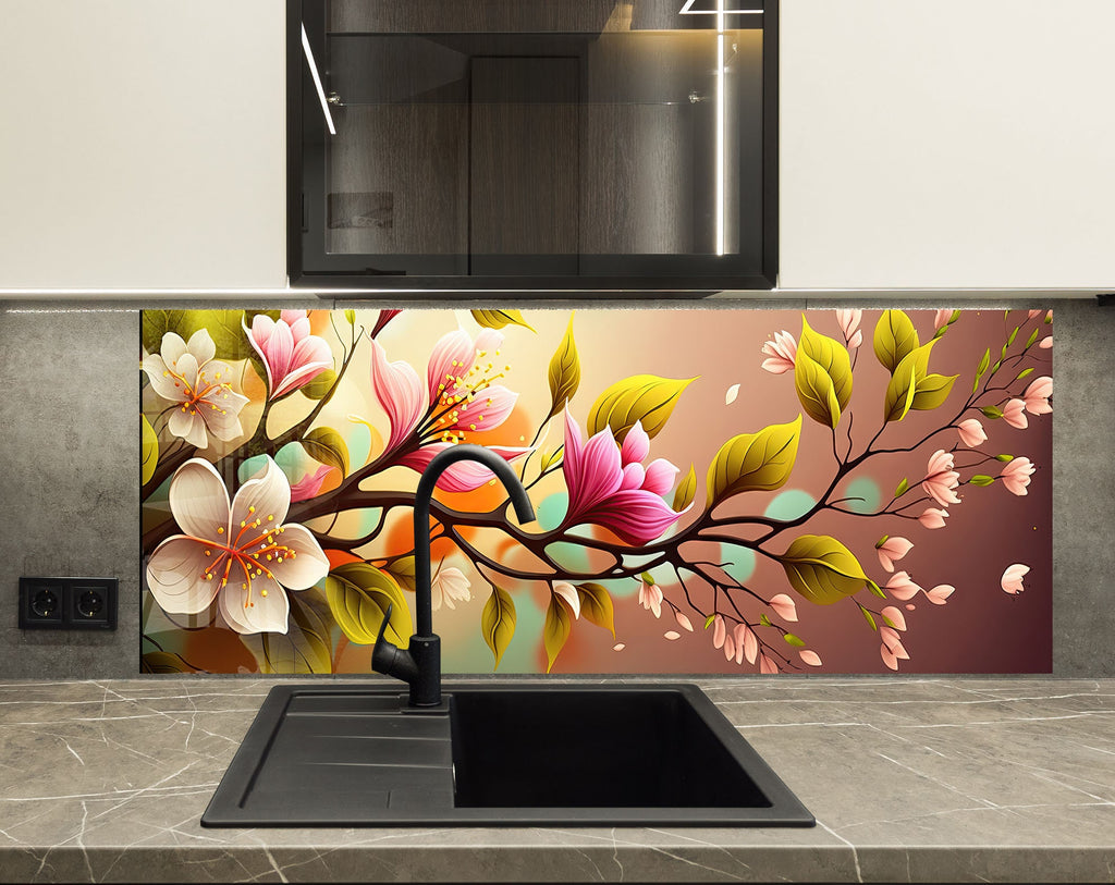 Flower Tempered Glass Backsplash-BacksplashArtworks