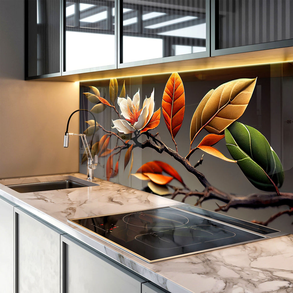 Autumn Magnolia Harmony - Glass Kitchen Backsplash-BacksplashArtworks