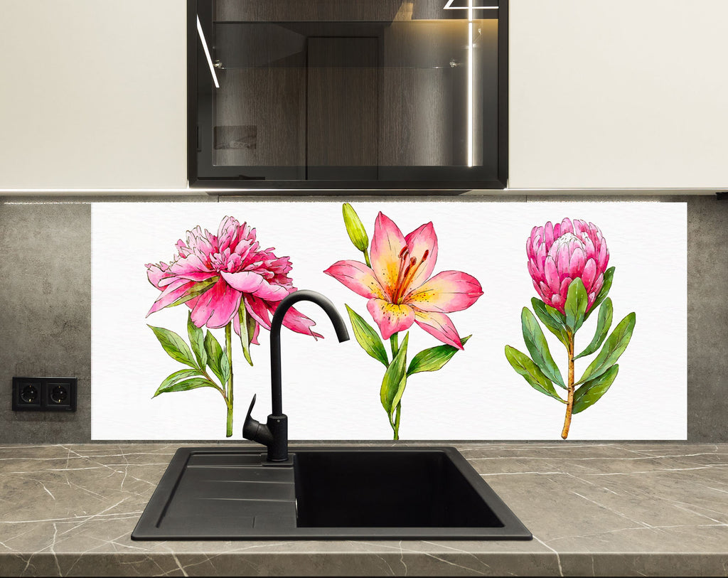 Blooming Pink Trio - Glass Kitchen Backsplash-BacksplashArtworks