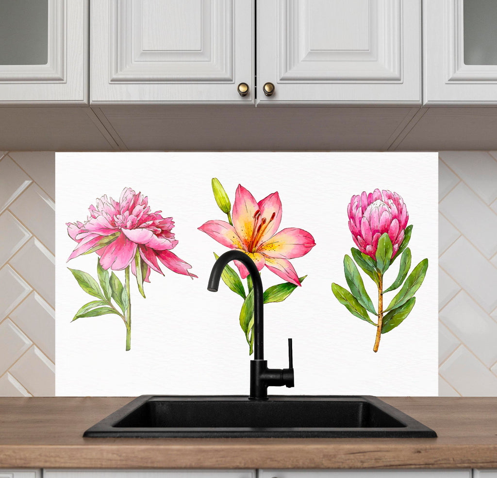 Blooming Pink Trio - Glass Kitchen Backsplash-BacksplashArtworks