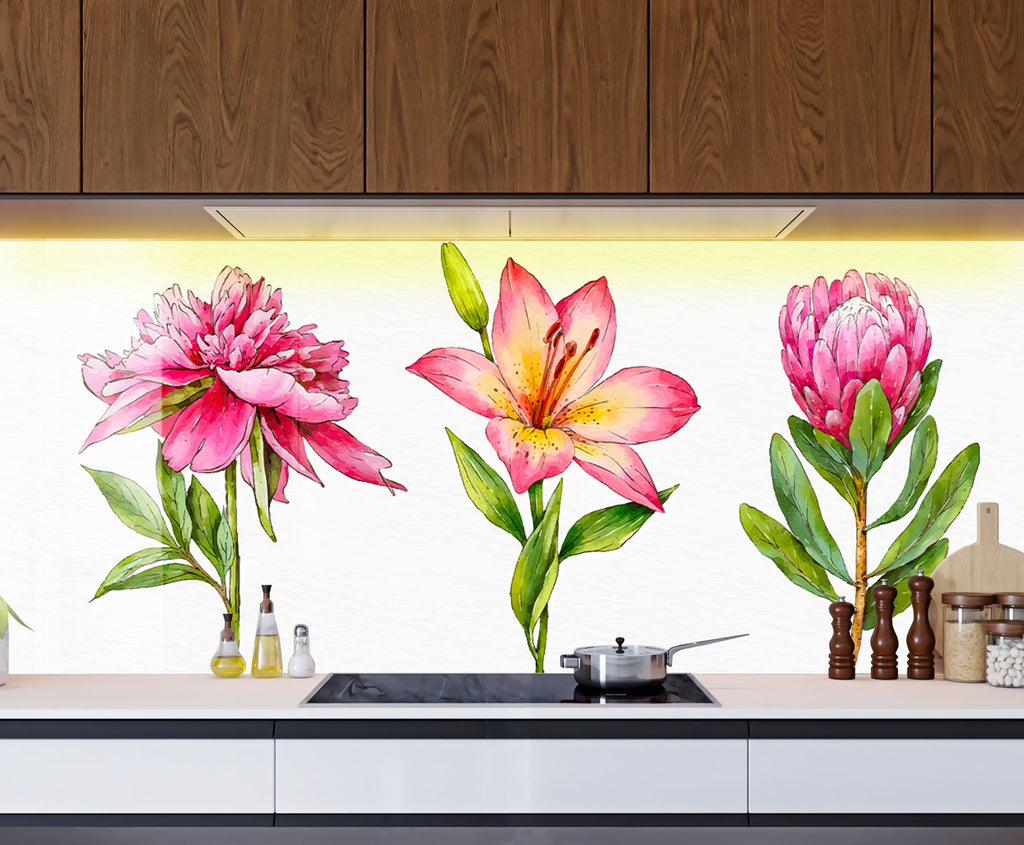 Blooming Pink Trio - Glass Kitchen Backsplash-BacksplashArtworks