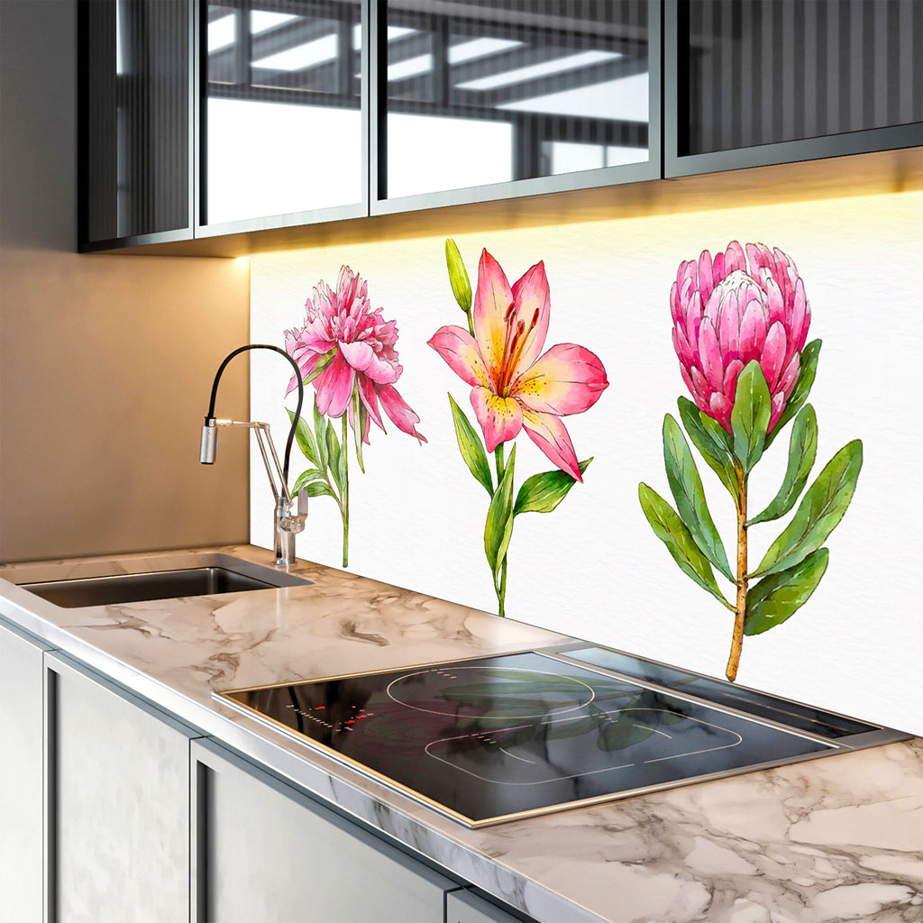 Blooming Pink Trio - Glass Kitchen Backsplash-BacksplashArtworks