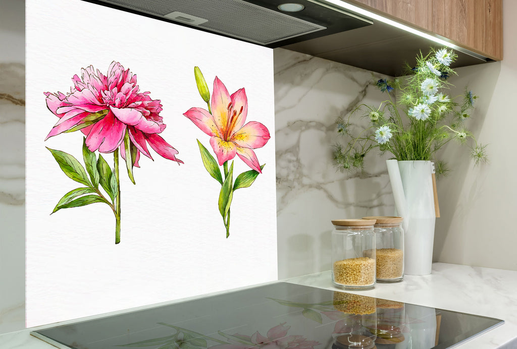 Blooming Pink Trio - Glass Kitchen Backsplash-BacksplashArtworks