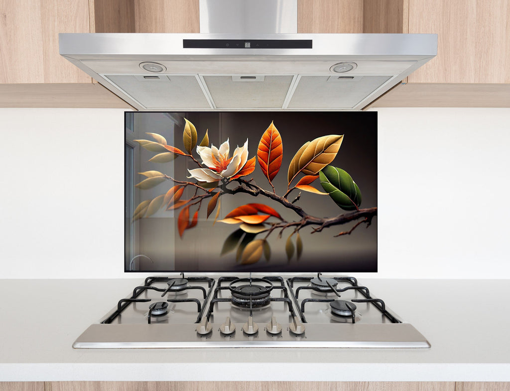 Autumn Magnolia Harmony - Glass Kitchen Backsplash-BacksplashArtworks